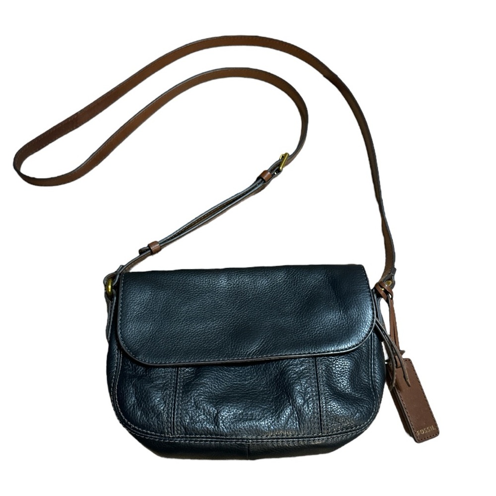 Fossil Cowhide Crossbody or Shoulder Black Pebble Stone with Brown Accents